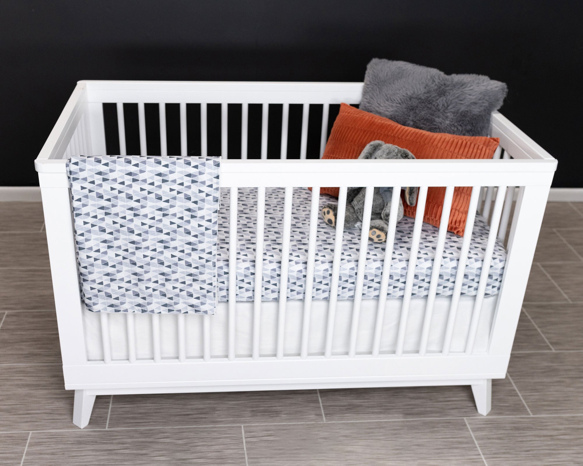 Gray Banners Marching - Classic Nursery Bedding Set - Monochrome Mini-Triangles - Olli+Lime